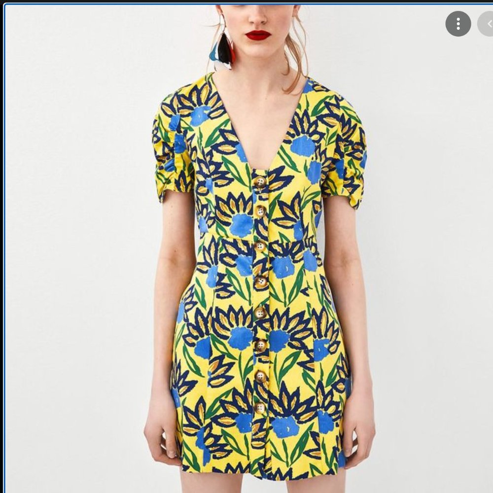 ZARA TRF Yellow and Blue Floral Mini Dress